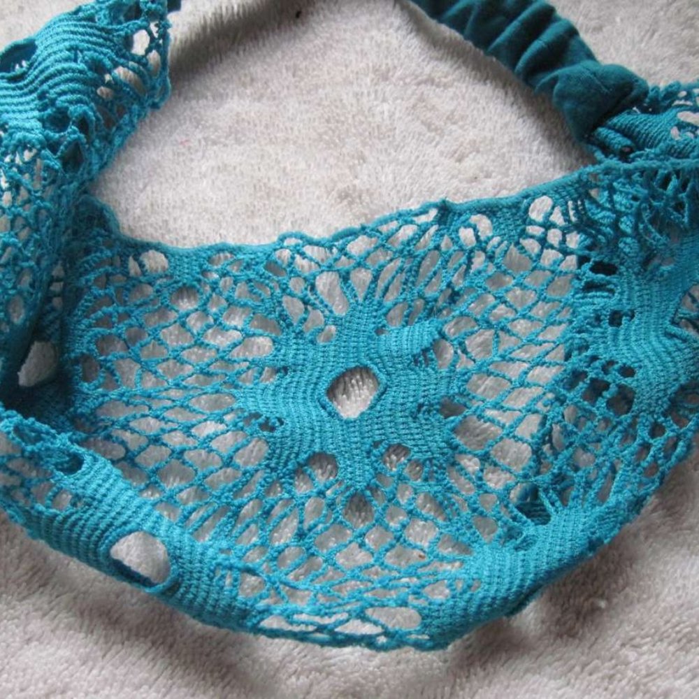Aqua Turquoise Blue Floral Crochet Fabric Wide Goody Hair Head Wrap Band Large!
